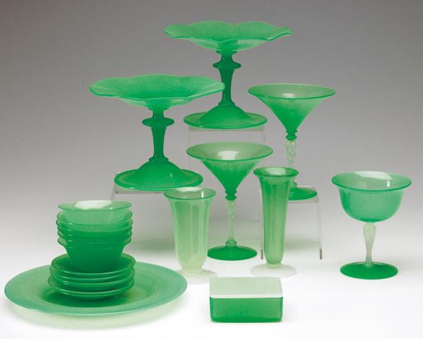 Appraisal: STEUBEN Twenty pieces of jade green glass including compotes bud