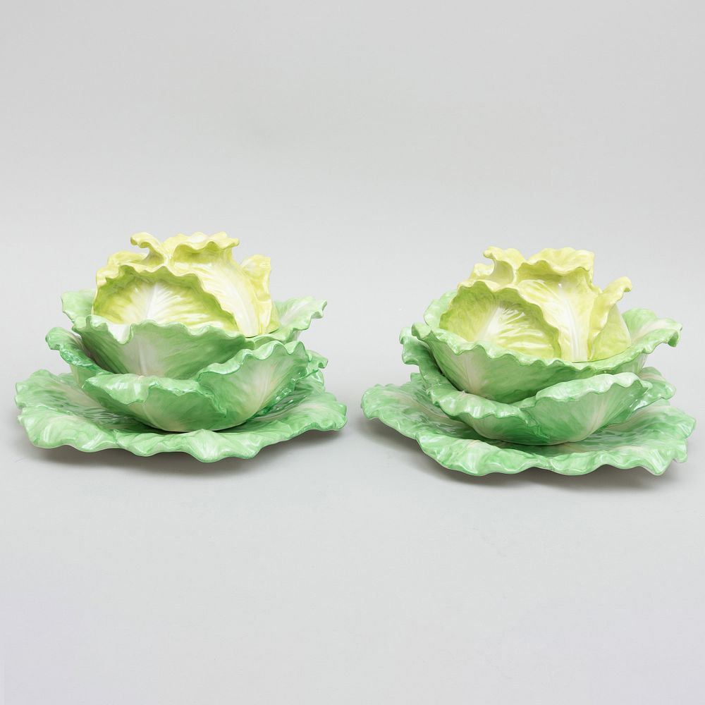 Appraisal: Pair of Mottahedeh Glazed Porcelain Cabbage Form Tureens and Underplates