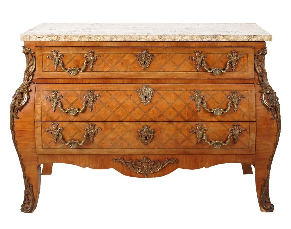 Appraisal: PARQUETRY COMMODEhaving a stone top over three drawers Provenance The