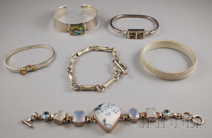 Appraisal: Six Sterling Silver Bracelets three with inset stones one in