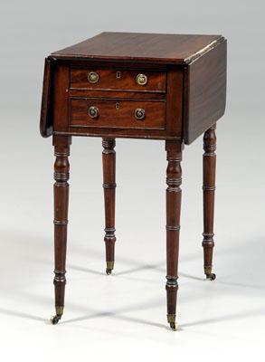 Appraisal: Regency mahogany work table figured mahogany dovetailed drawers with oak