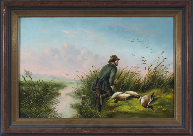 Appraisal: Duck Hunter In Marsh British school Oil on canvas Ca