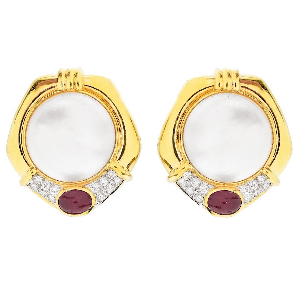 Appraisal: Pearl Ruby Diamond and K Gold Earrings Vintage Large Mabe