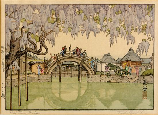 Appraisal: Toshi Yoshida Japanese - HALF MOON BRIDGE woodcut framed titled