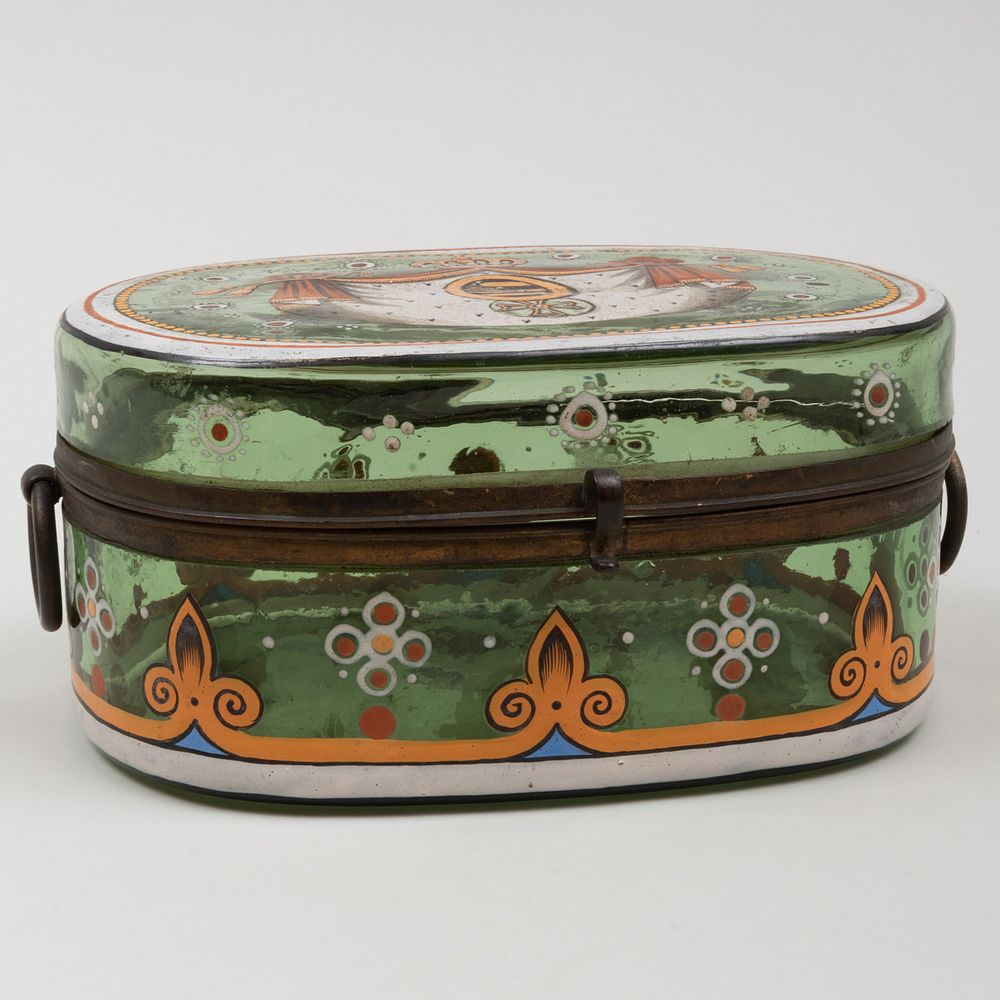 Appraisal: German Gilt-Metal-Mounted and Enameled Glass Coffret Decorated with a heraldic