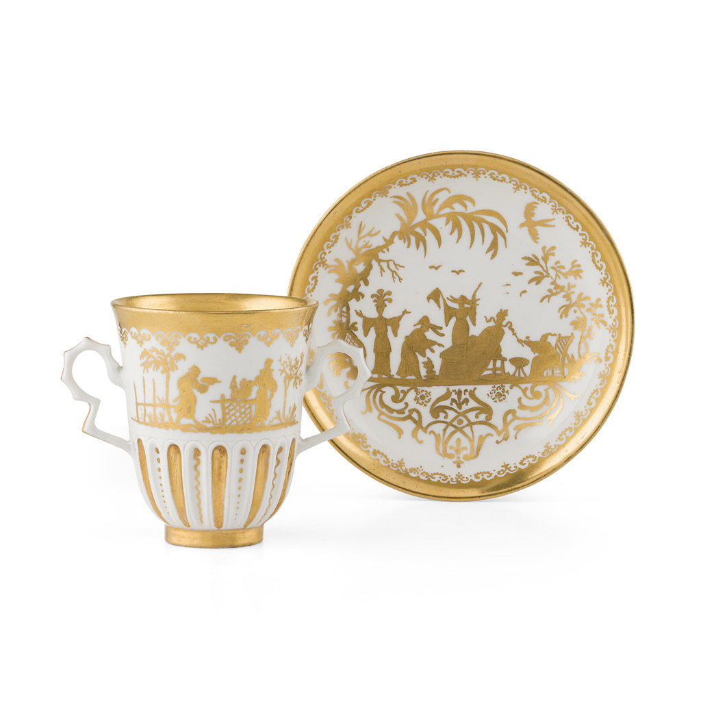 Appraisal: MEISSEN B TTGER 'HAUSMALER' PORCELAIN CHOCOLATE CUP AND SAUCER CIRCA