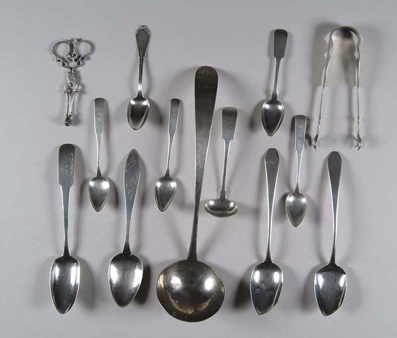 Appraisal: LOT OF THIRTEEN COIN SILVER FLATWARE PIECES Lot includes -