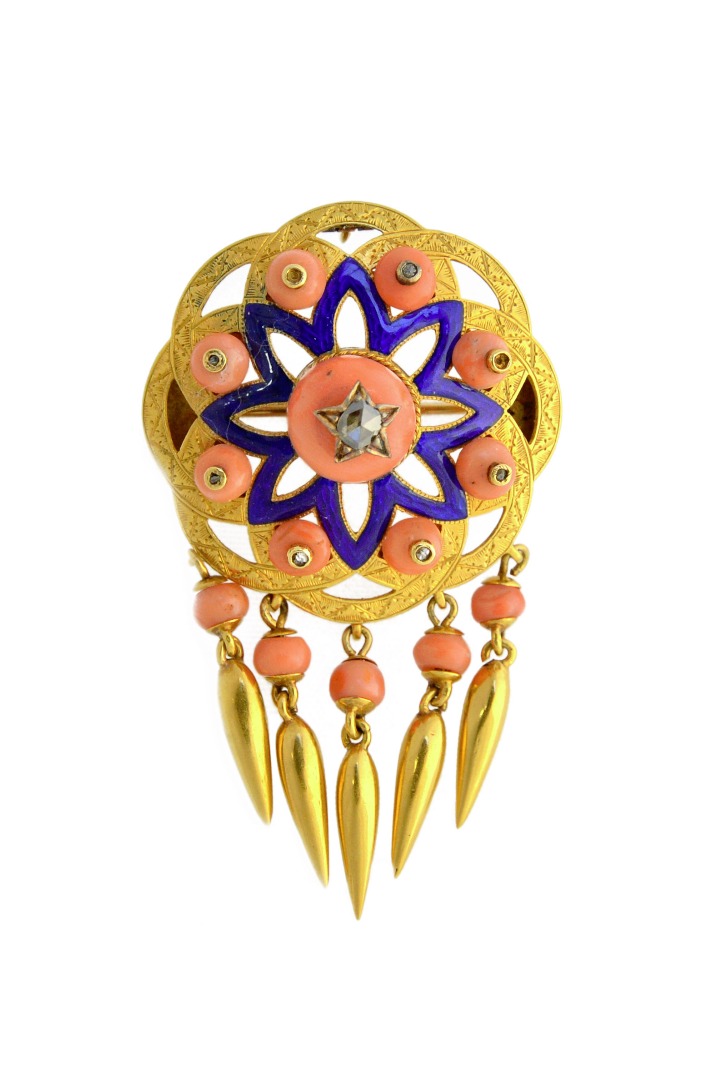 Appraisal: A Victorian gold rose diamond coral and blue enamelled brooch