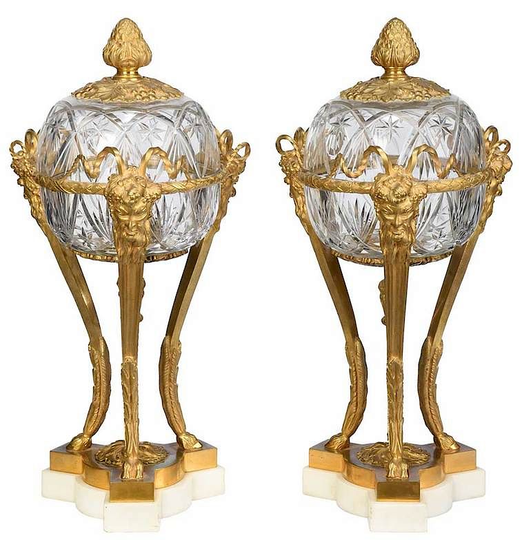 Appraisal: Pair Gilt Bronze and Crystal Lidded Garnitures th th century