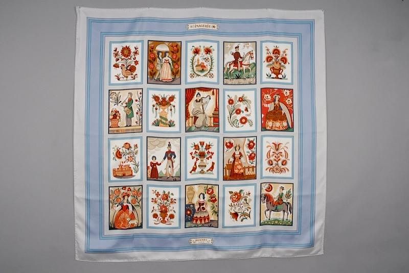 Appraisal: HERMES PRINTED SILK IMAGERIE SCARF ISSUE DATE Depicting figures and