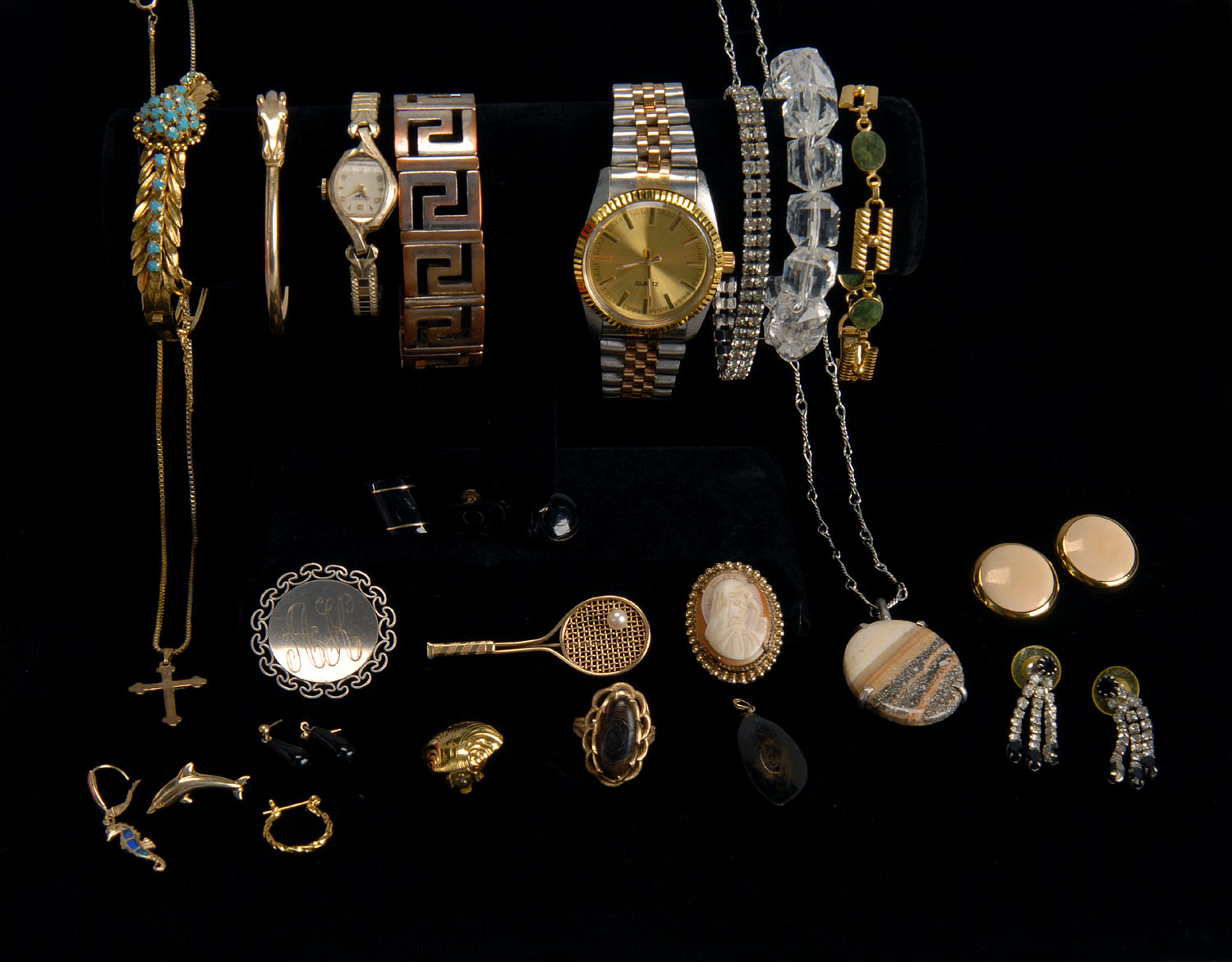 Appraisal: TWENTY-EIGHT PIECES OF JEWELRY AND WRIST WATCHES Includes pins earrings