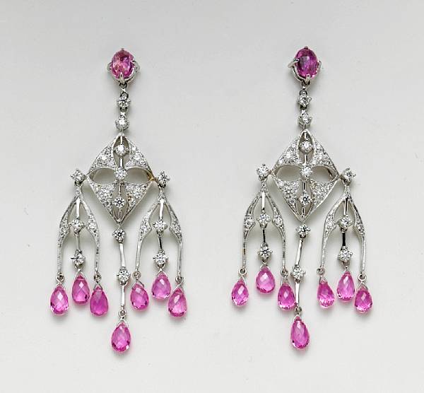 Appraisal: A pair of pink sapphire and diamond pendant earrings estimated