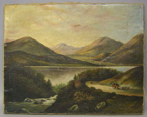 Appraisal: Oil on canvas landscape with mountains lake and horse-drawn open