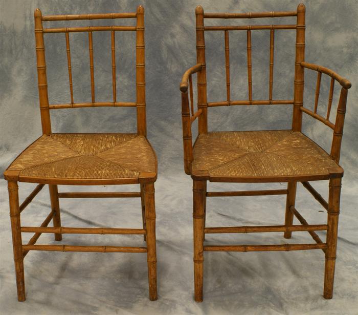 Appraisal: Set of bamboo turned maple Sheraton chairs with rush seats