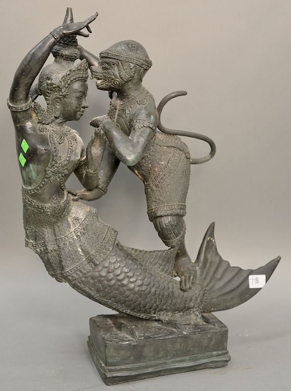 Appraisal: Figural Tibetan bronze depicting standing monkey and a finned woman