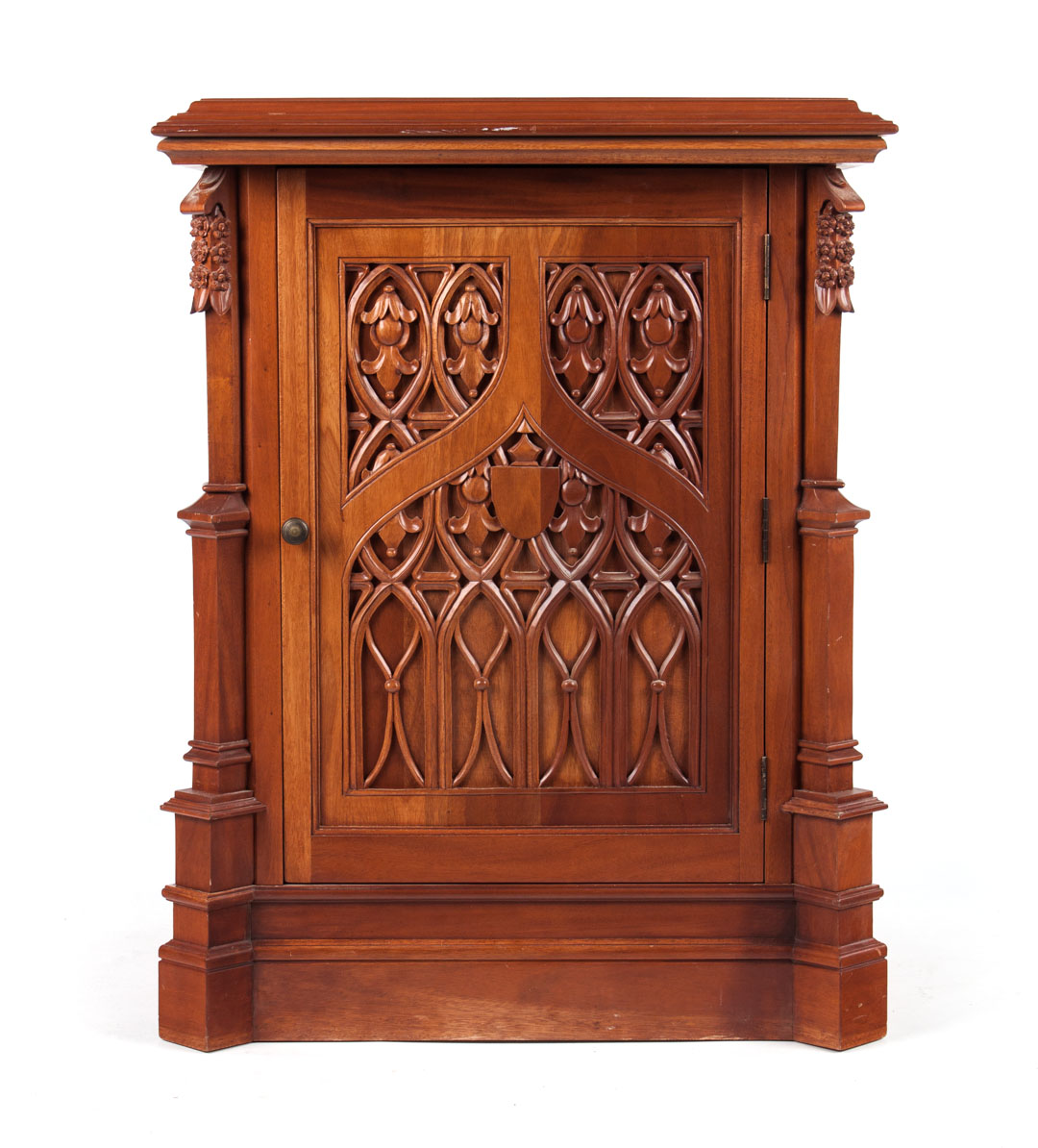 Appraisal: Gothic Revival carved cherrywood cabinet flat top molded edge compartment