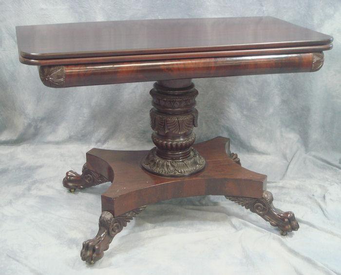 Appraisal: Carved mahogany Federal Revival card table with carved pedestal and