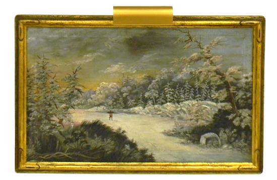 Appraisal: American School oil on canvas depicting figure carrying kindling trudging