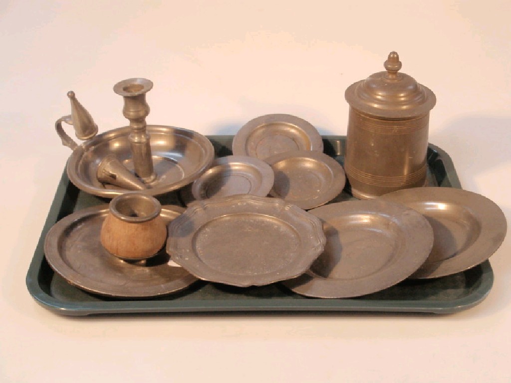 Appraisal: Small thC pewter plates chamber stick tobacco jar and continental