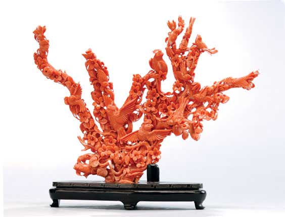 Appraisal: FINE CARVED CORAL GROUP Finely carved Chinese coral group of