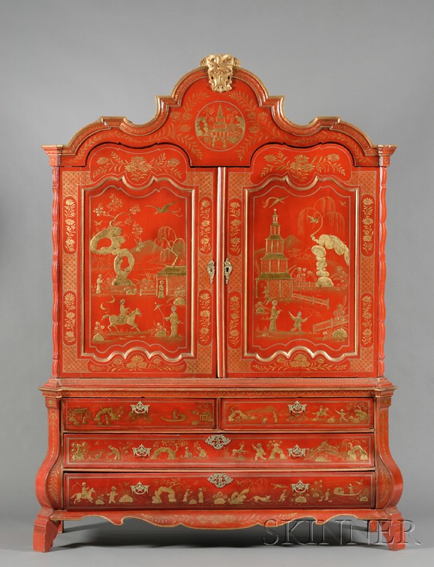 Appraisal: Dutch Baroque Style Red Japanned Cabinet on Chest th century