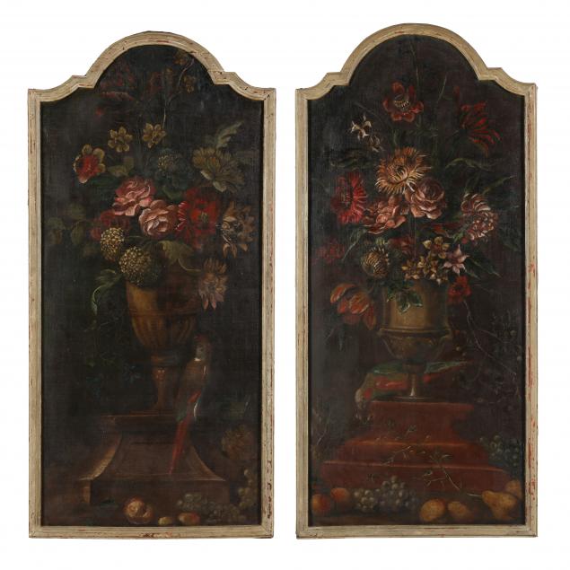 Appraisal: FRENCH SCHOOL CIRCA PAIR OF FLORAL STILL LIFES WITH PARROTS