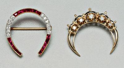 Appraisal: Two gold brooches one crescent pendant brooch set with five