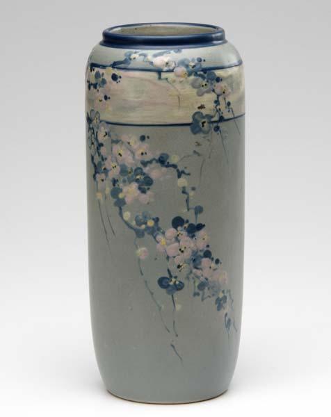 Appraisal: WELLER Gray and Decorated cylindrical vase with banded cherry blossom