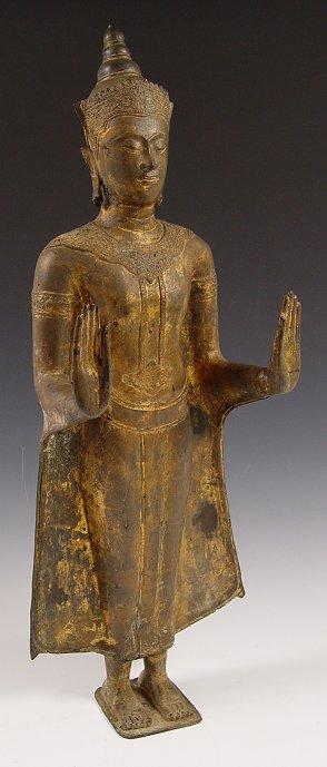 Appraisal: LARGE THAI BRONZE BUDDHA DEITY Calming hands gesture '' H