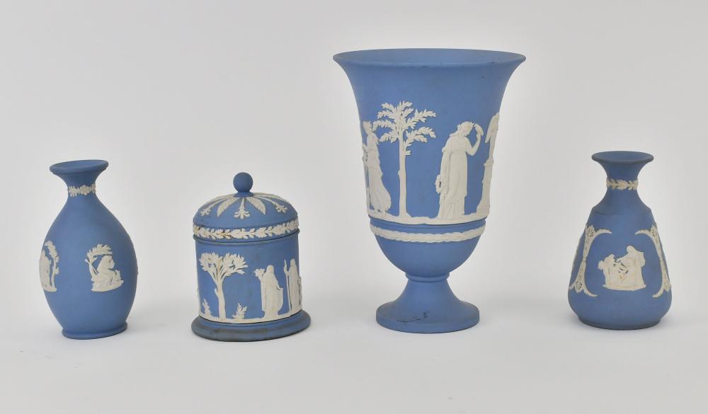 Appraisal: FOUR WEDGWOOD BLUE WHITE JASPERWARE TABLE ITEMS th Century The