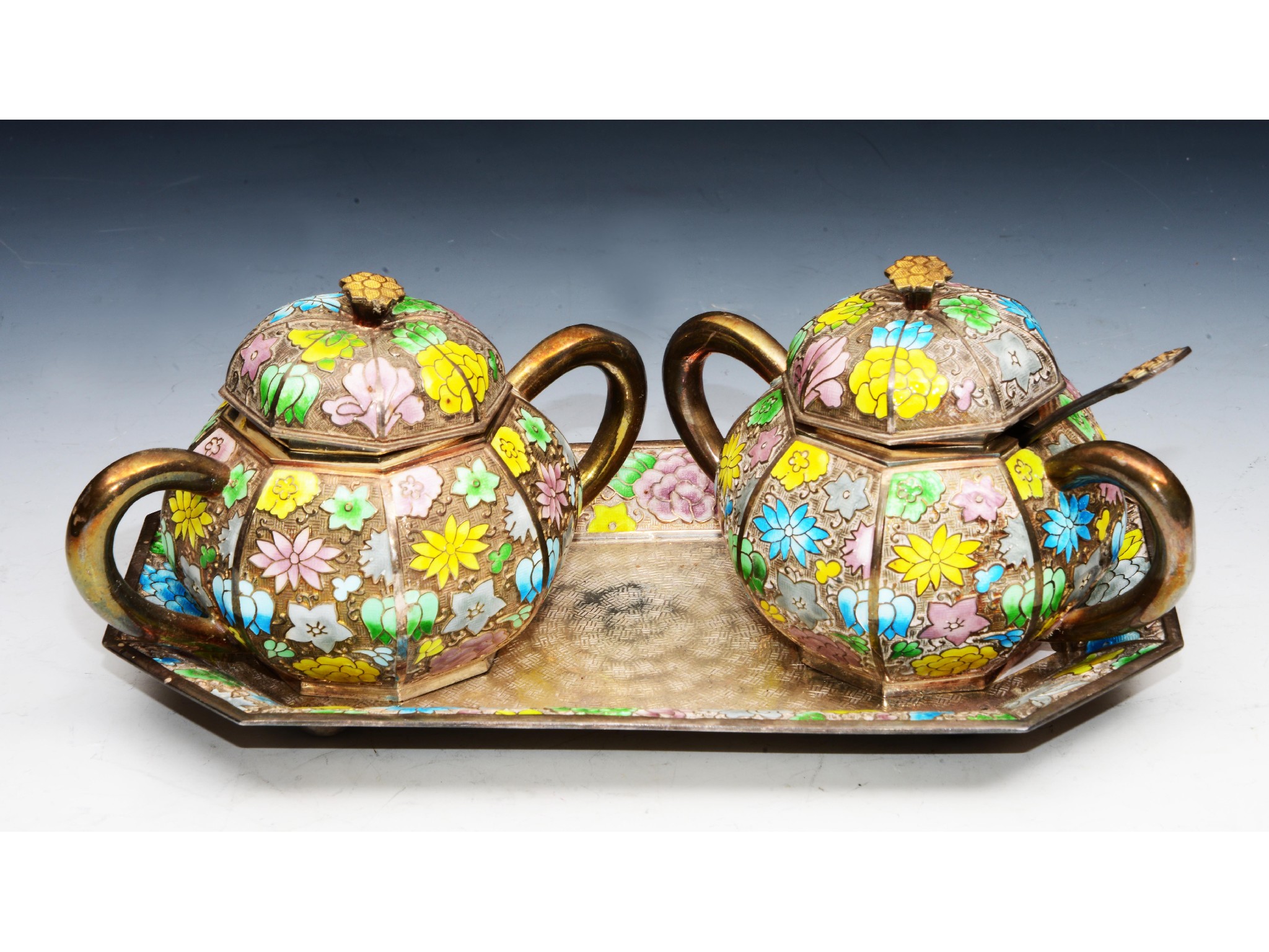 Appraisal: A Korean silver and enamelled set stamped Silver comprising two