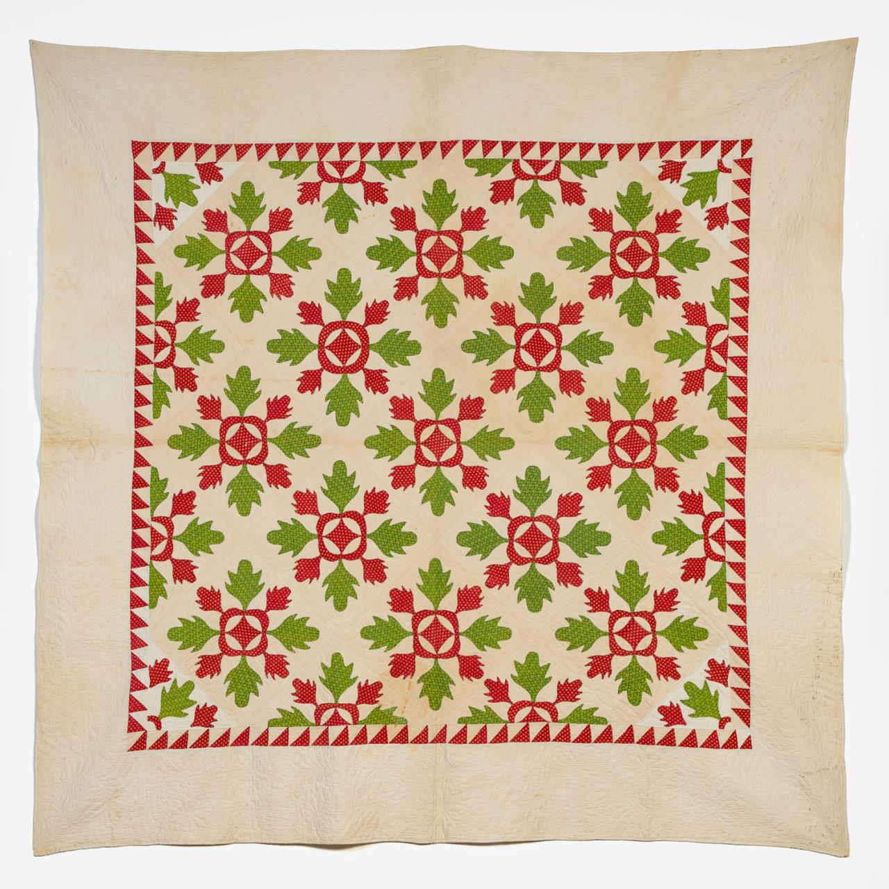 Appraisal: HAND QUILTED COTTON OAK LEAF APPLIQUE QUILT Hand quilted Spring