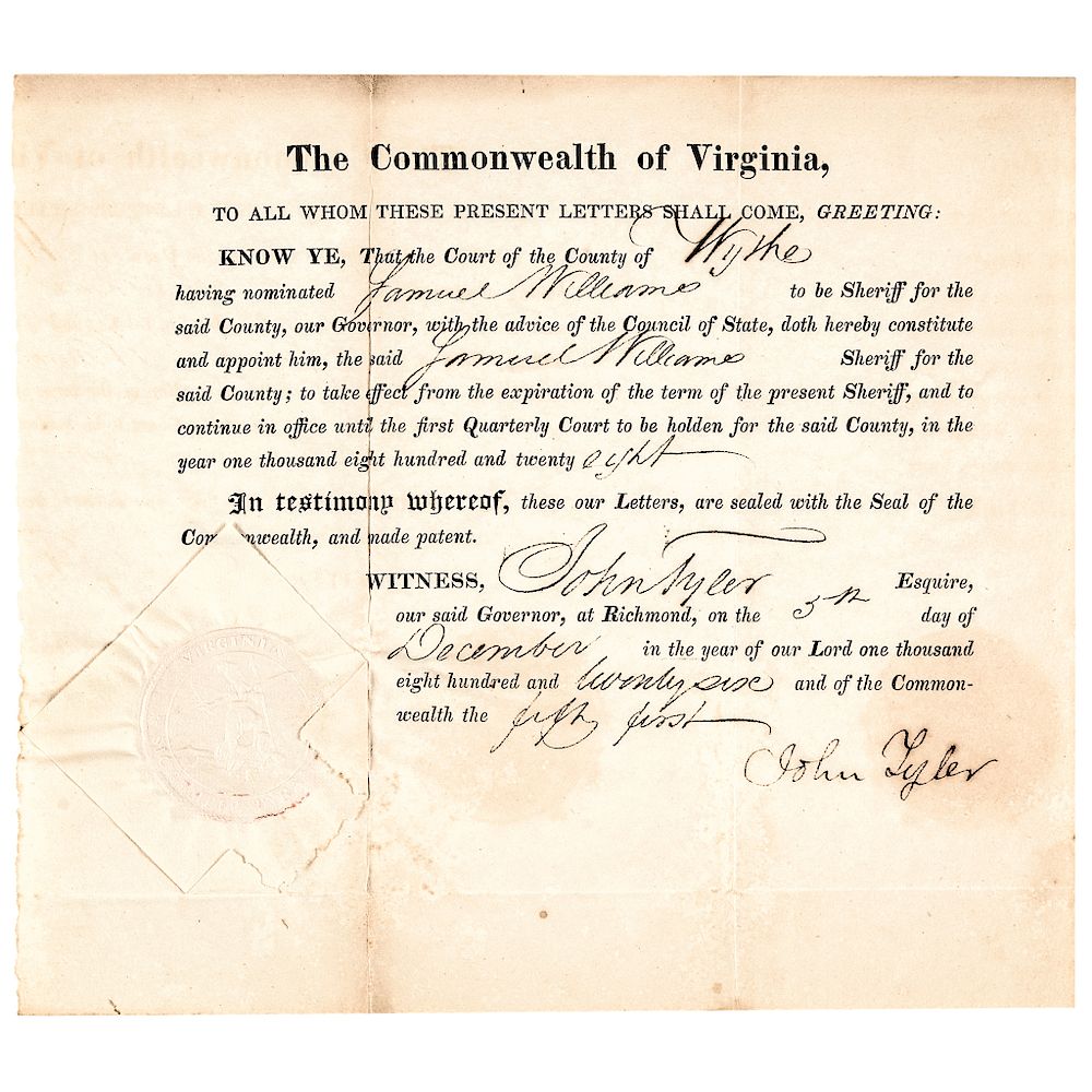 Appraisal: December JOHN TYLER Signed Sheriffs Appointment as Governor of Virginia