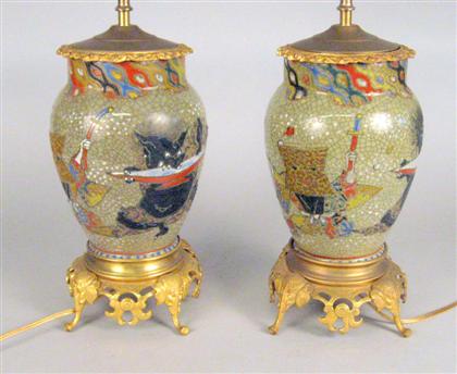 Appraisal: Pair of gilt metal mounted crackle glazed lamps Each decorated