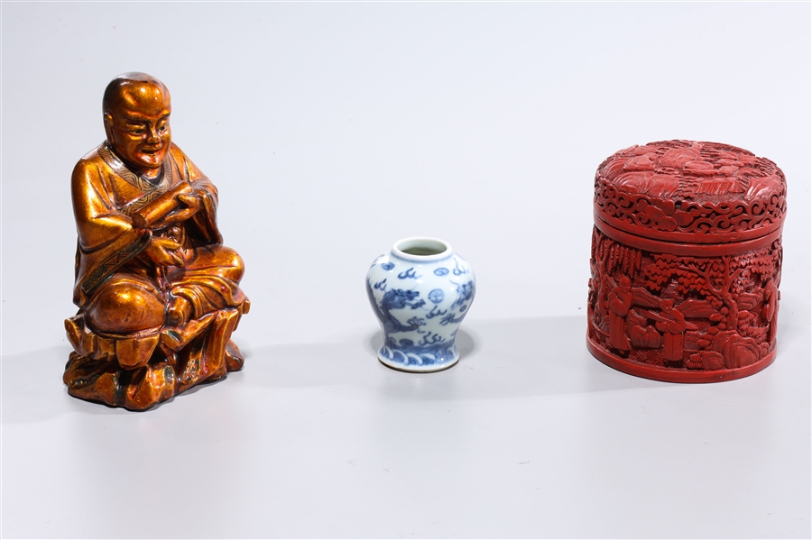 Appraisal: Group of three various Chinese pieces including cinnabar tea caddie