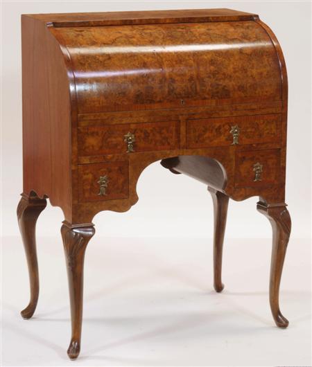 Appraisal: A Queen Anne style burr walnut cylinder bureau By Wylie