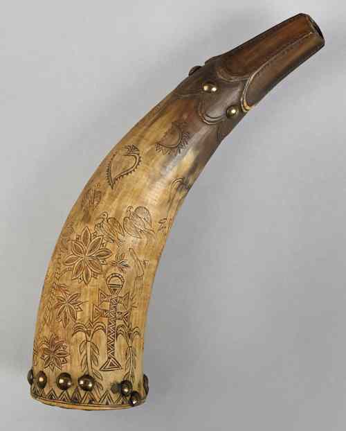 Appraisal: American incised powder horn decorated with incised hunters hearts animals