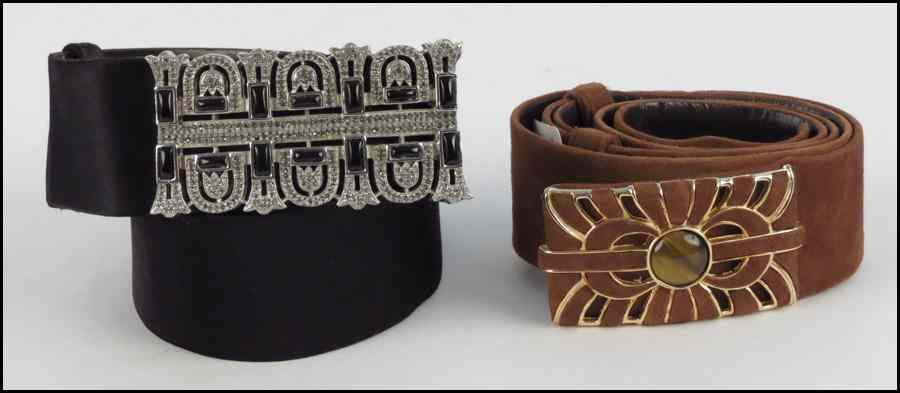 Appraisal: TWO JUDITH LEIBER BELTS Includes a suede and a satin