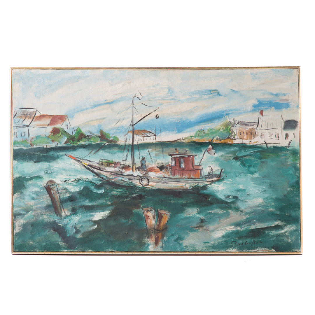 Appraisal: Edward Rosenfeld Fishing Boat in Harbor oil American - Oil