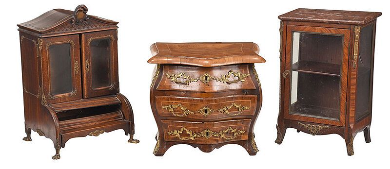 Appraisal: Three Pieces Bronze Mounted Miniature Furniture Continental th century comprising