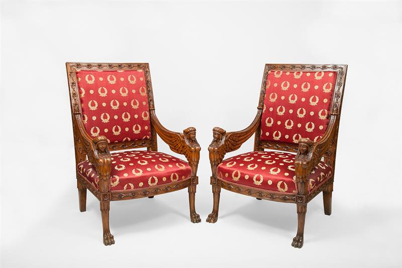 Appraisal: Pair of Empire Style Carved Mahogany Armchairs th Century x