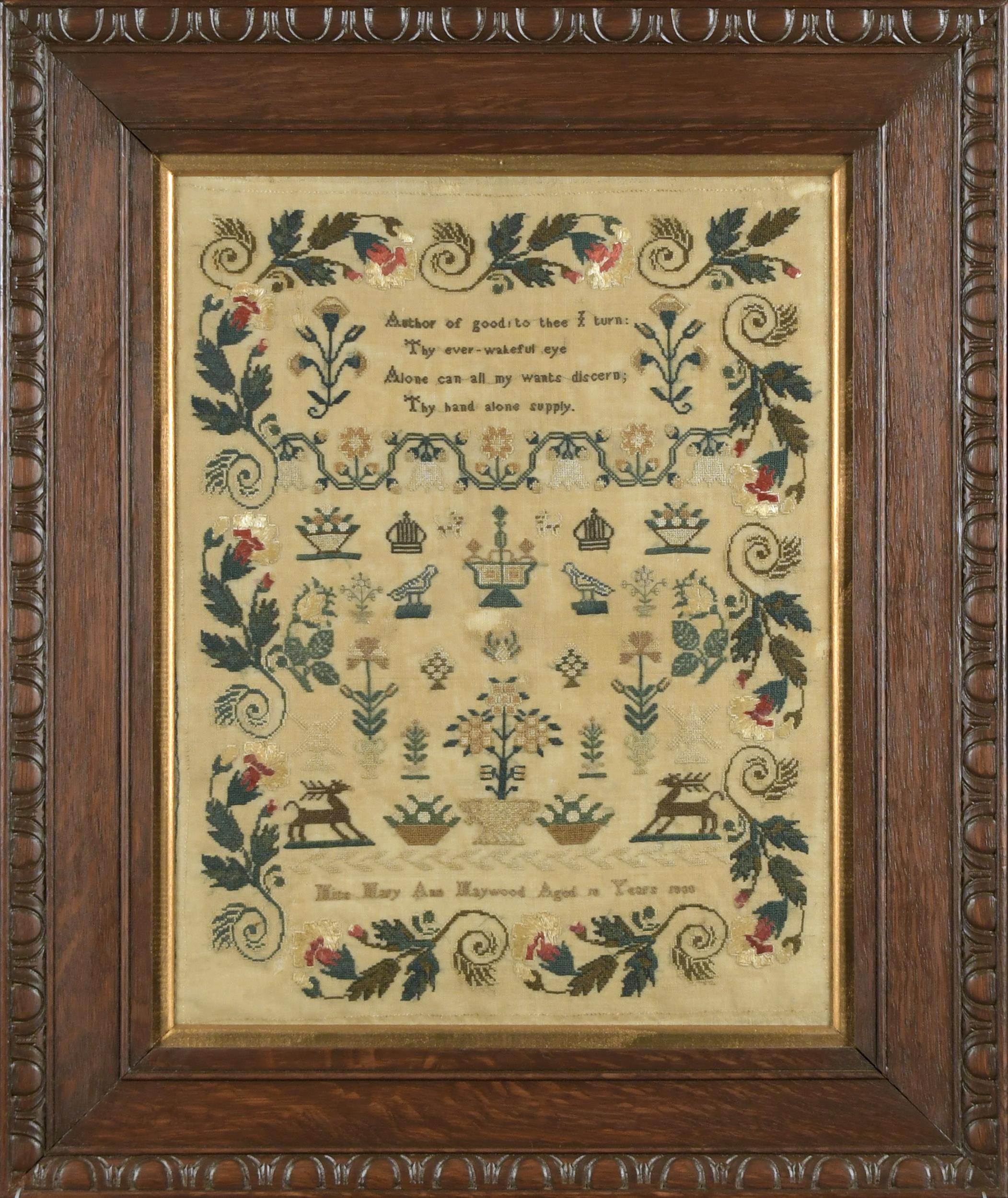 Appraisal: FINE NEEDLEWORK SAMPLER CA Colorful floral boarder in greens and