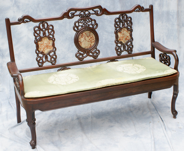 Appraisal: Chinese triple rosewood settee with marble insert in each back