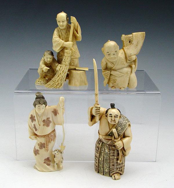 Appraisal: PIECE CARVED IVORY OKIMONO NETSUKE To include Woman in robe