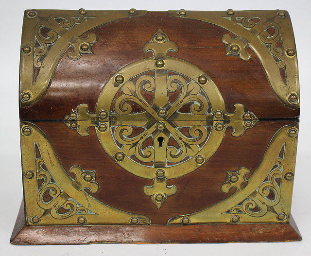 Appraisal: A VICTORIAN MAHOGANY GOTHIC REVIVAL STYLE BRASS BOUND CORRESPONDENCE CASKET