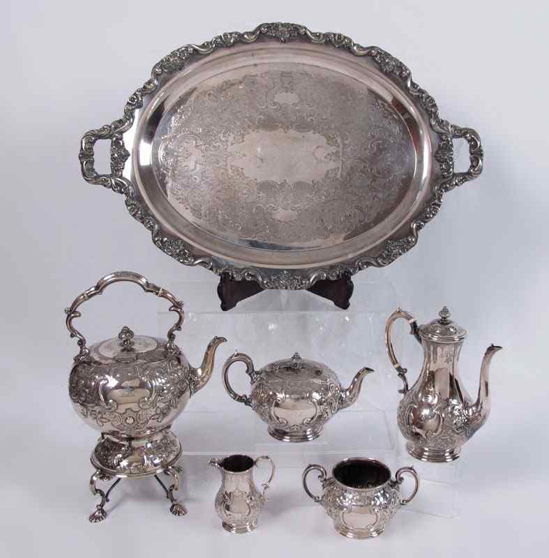 Appraisal: A GRAND SHEFFIELD SILVERPLATE TEA SERVICE WITH KETTLE Martin Hall