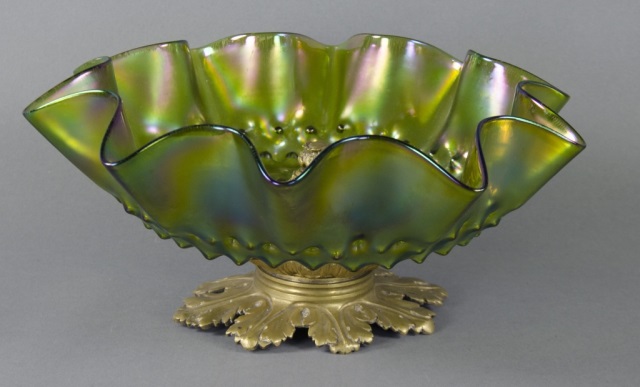 Appraisal: Iridescent Glass Bowl on Brass BaseIridescent scalloped green Art Deco