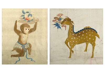 Appraisal: Three Chinese embroidered silk panels depicting a spotty deer and