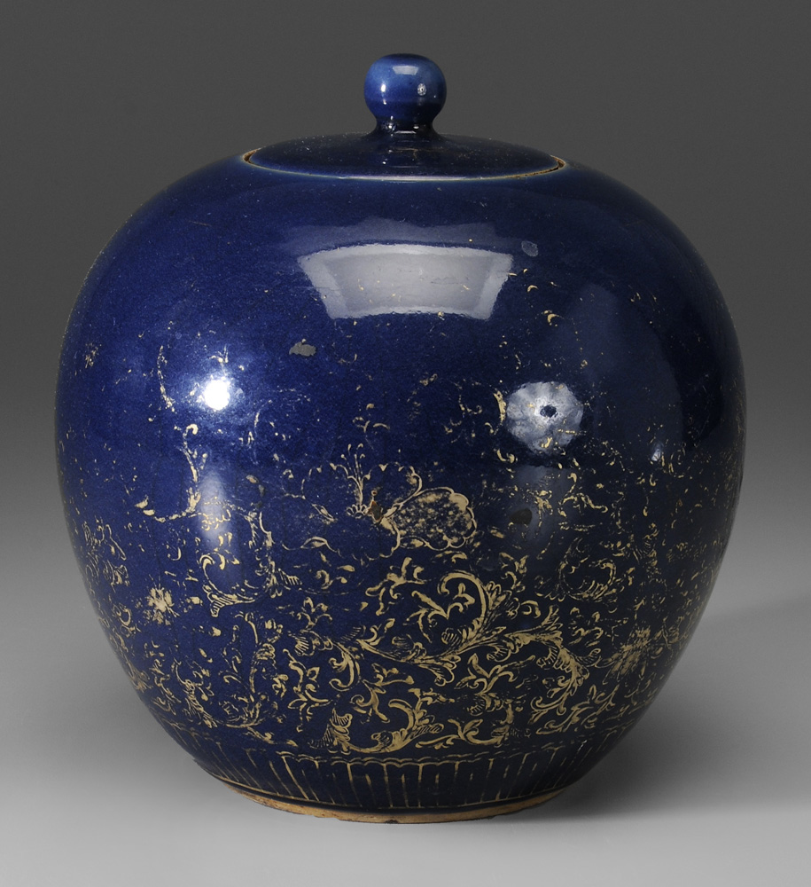 Appraisal: Blue-Glazed and Gilt-Decorated Porcelain Lidded Jar Chinese probably th century