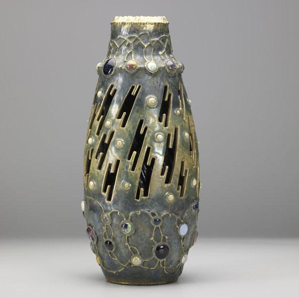 Appraisal: RIESSNER KESSELExceptional Amphora pierced Gres-Bijou ceramic vaseRestoration to some reticulations